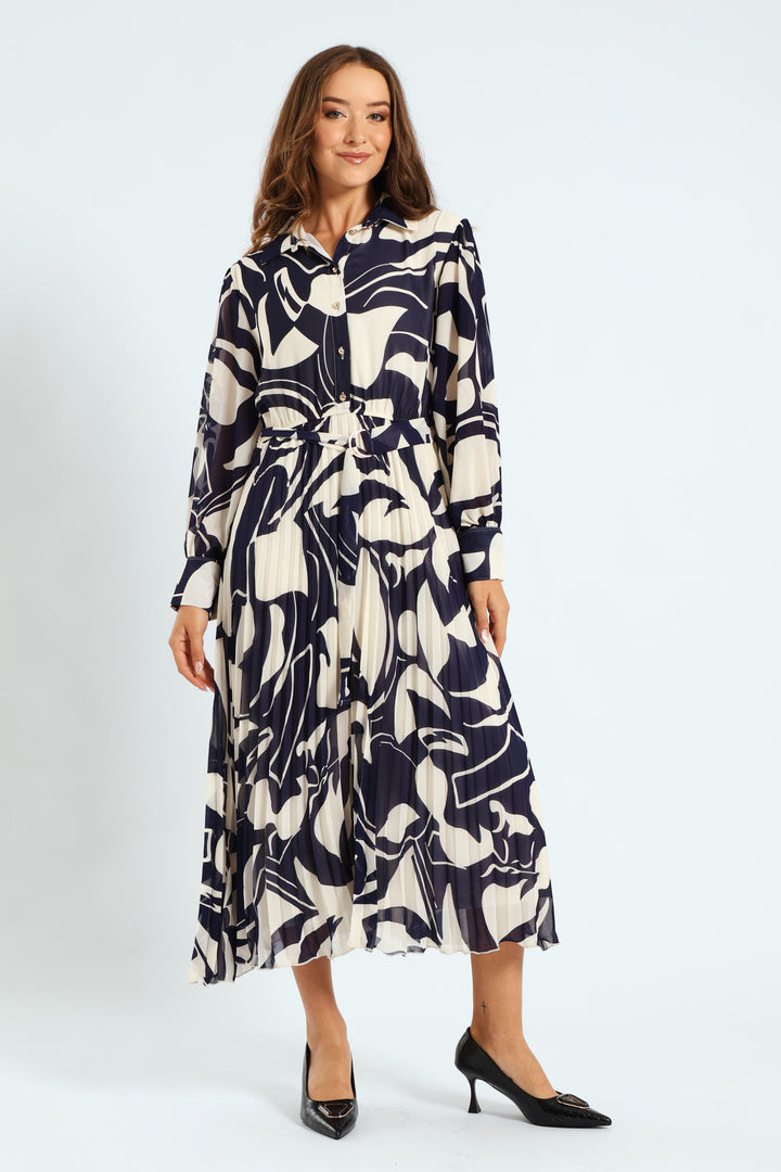 Monochrome Pelated Shirt Maxi Dress - Navy