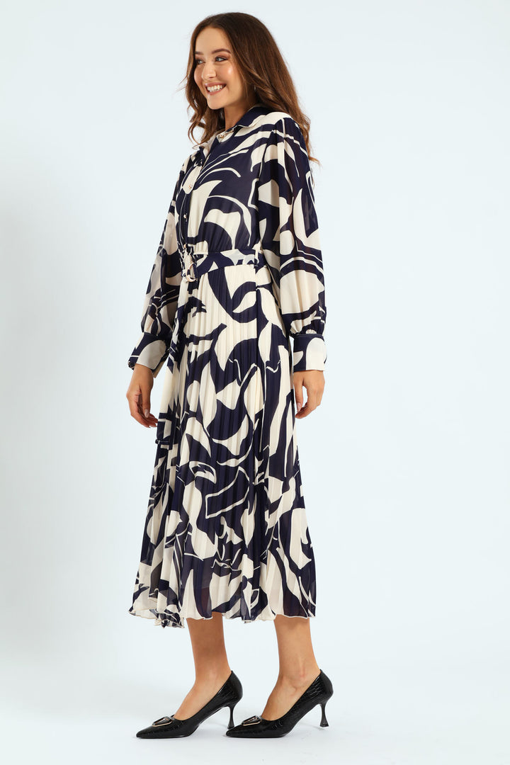 Monochrome Pelated Shirt Maxi Dress - Navy