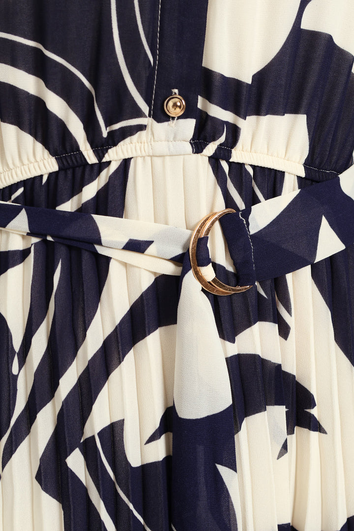 Monochrome Pelated Shirt Maxi Dress - Navy