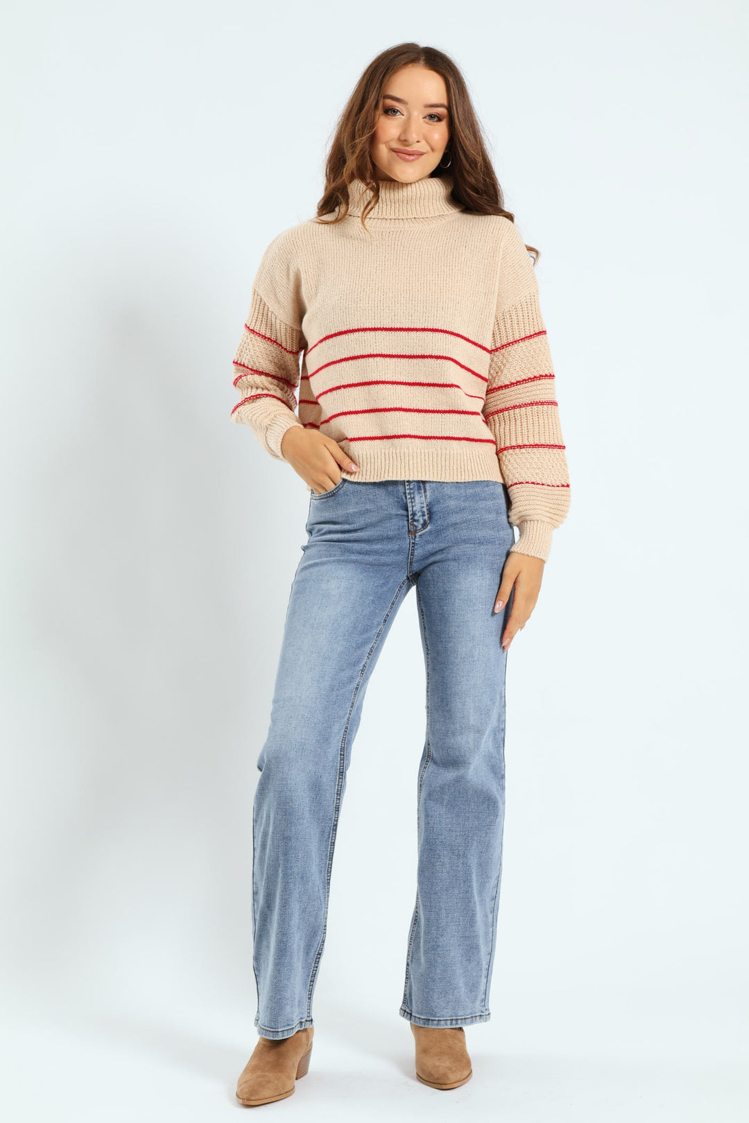 Sleeve Detail Stripe Poloneck - Stone/Red