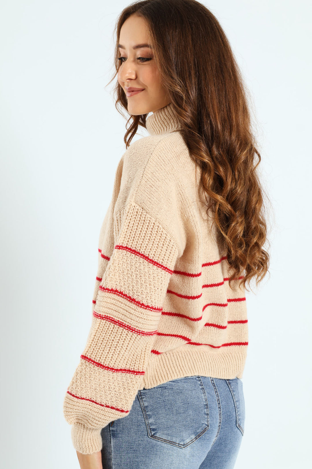 Sleeve Detail Stripe Poloneck - Stone/Red