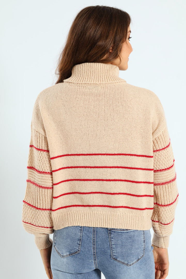 Sleeve Detail Stripe Poloneck - Stone/Red