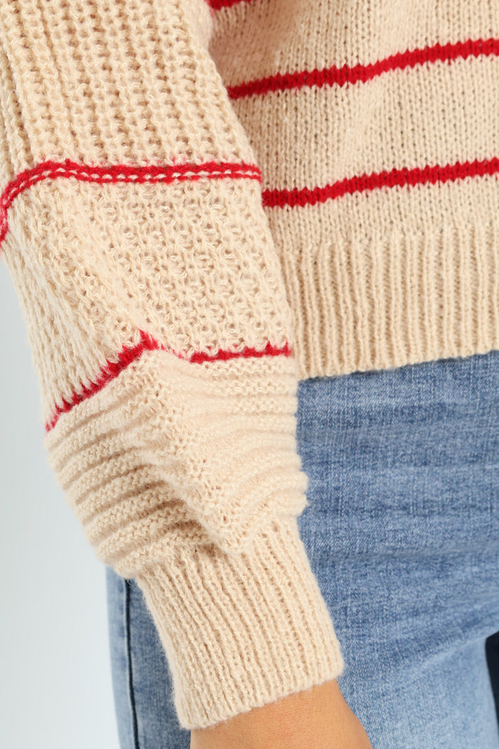 Sleeve Detail Stripe Poloneck - Stone/Red