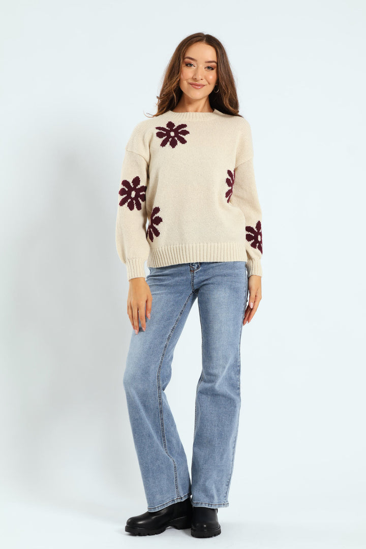 Daisy Jacquard Pullover - Cream/Plum
