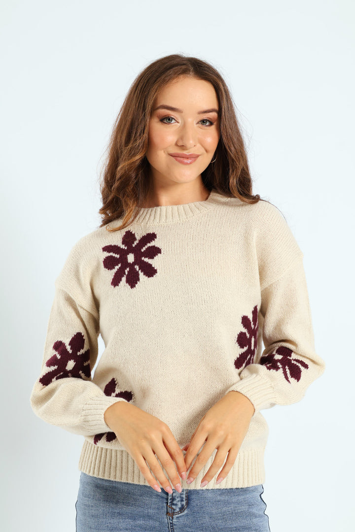 Daisy Jacquard Pullover - Cream/Plum