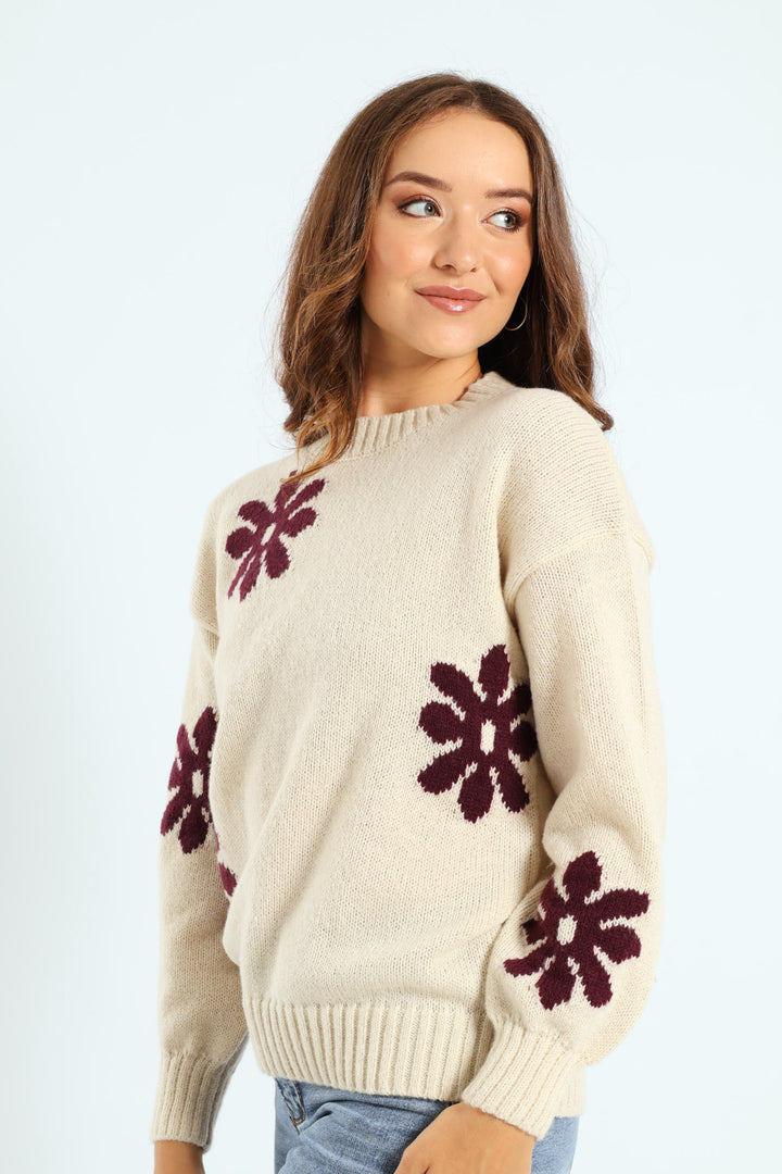 Daisy Jacquard Pullover - Cream/Plum