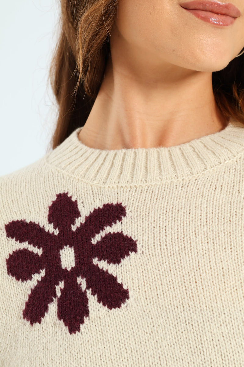 Daisy Jacquard Pullover - Cream/Plum