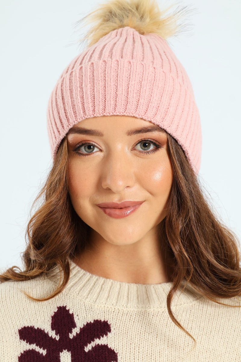 Knitted Turn Up Pom Pom Beanie - Dusty Pink