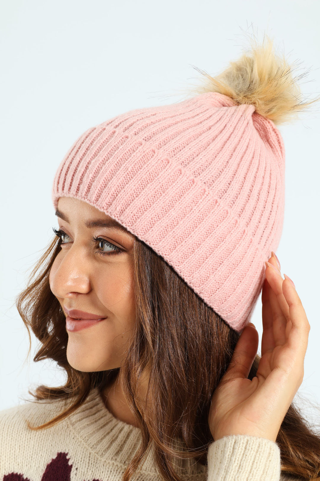 Knitted Turn Up Pom Pom Beanie - Dusty Pink