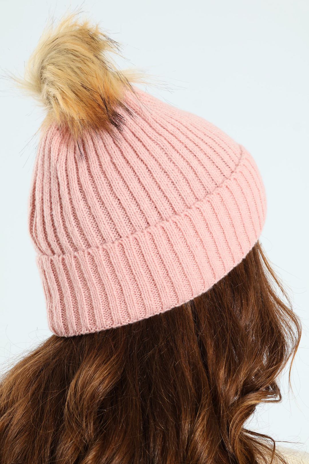 Knitted Turn Up Pom Pom Beanie - Dusty Pink