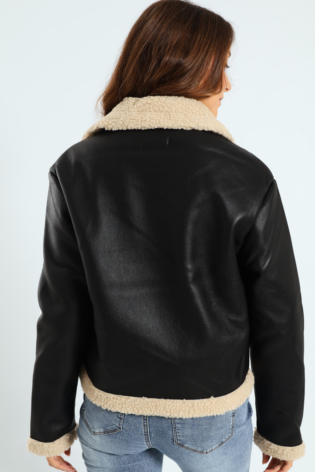 Contrast Sherpa Lined Aviator Jacket - Black/Cream