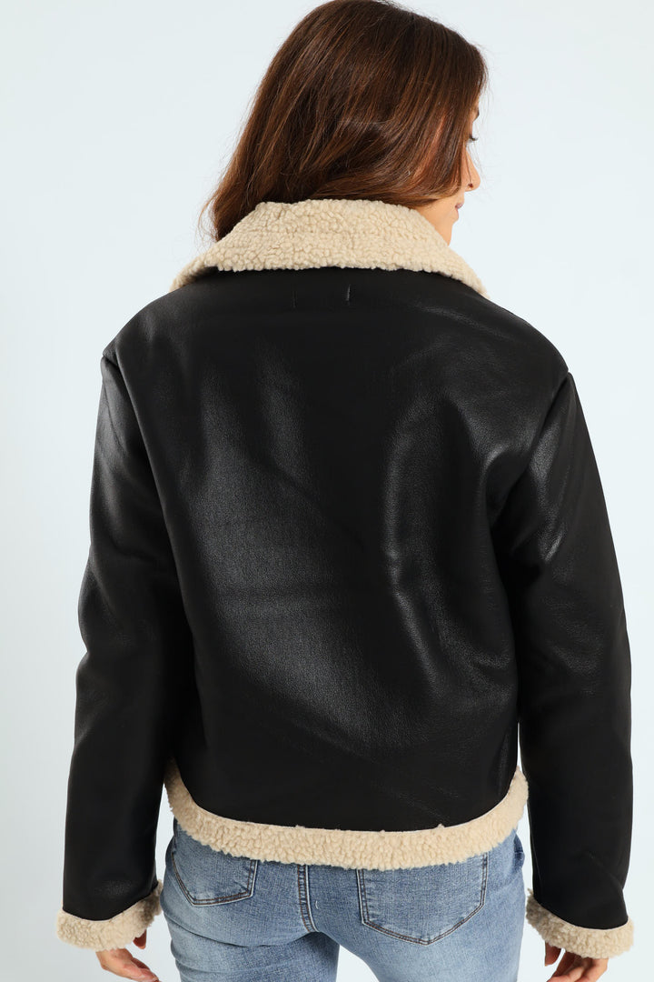 Contrast Sherpa Lined Aviator Jacket - Black/Cream