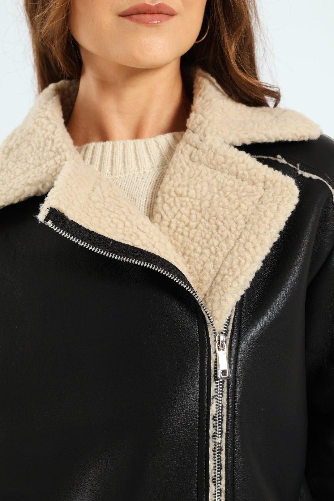 Contrast Sherpa Lined Aviator Jacket - Black/Cream