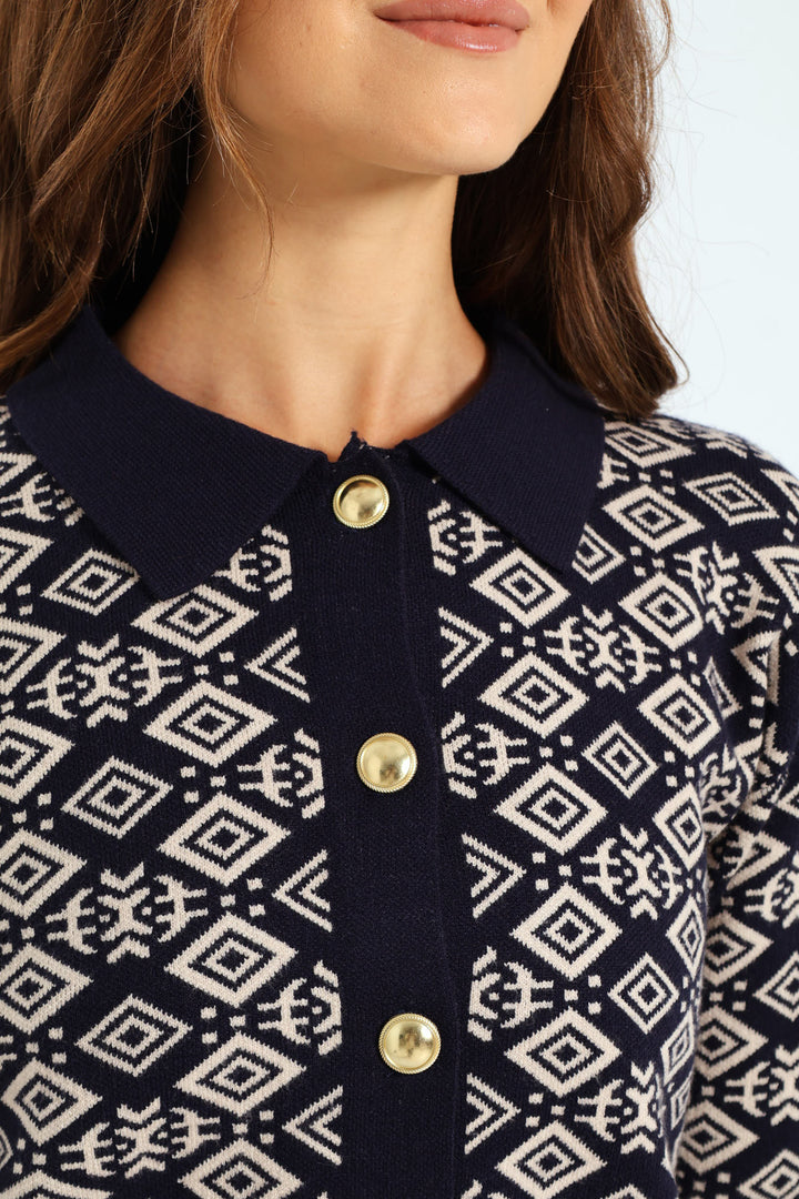 Geo Diamond Styled Cardigan - Navy
