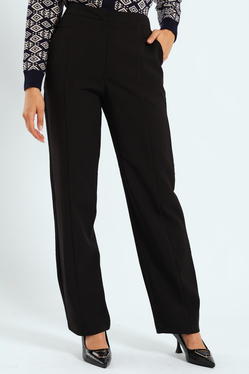 Panelled Tab Detail Straight Leg Pant - Black