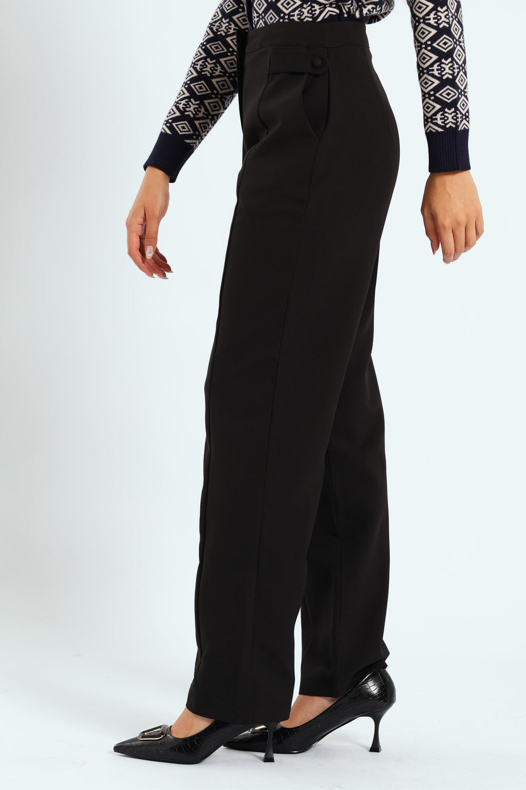 Panelled Tab Detail Straight Leg Pant - Black