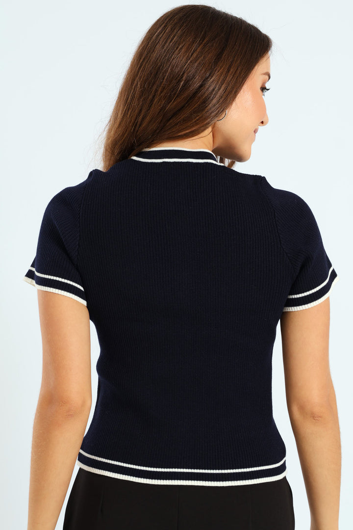 Preppy Crew Neck Cardigan - Navy