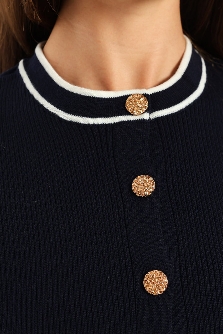 Preppy Crew Neck Cardigan - Navy