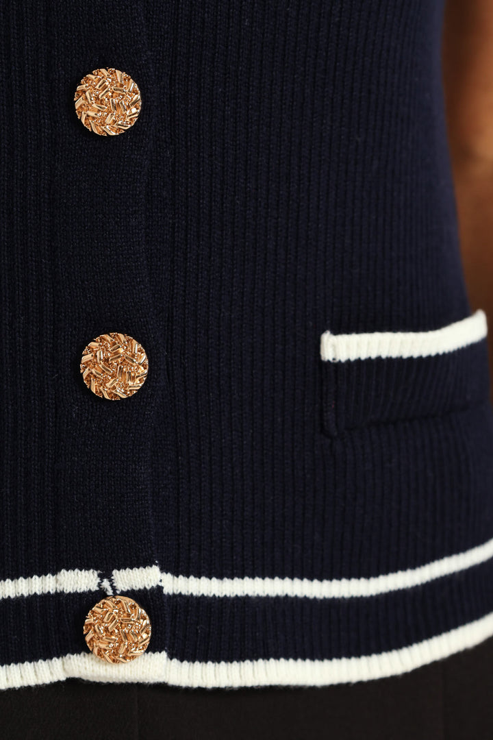 Preppy Crew Neck Cardigan - Navy