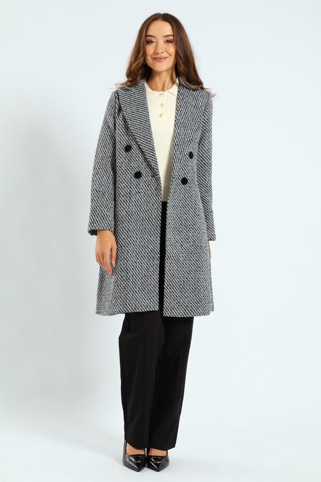 Double Breasted Chevron Tweed Coat - Black/Grey