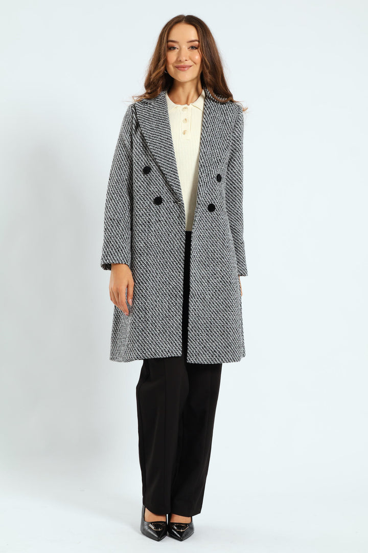 Double Breasted Chevron Tweed Coat - Black/Grey