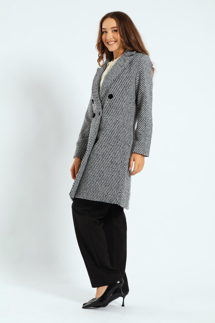 Double Breasted Chevron Tweed Coat - Black/Grey