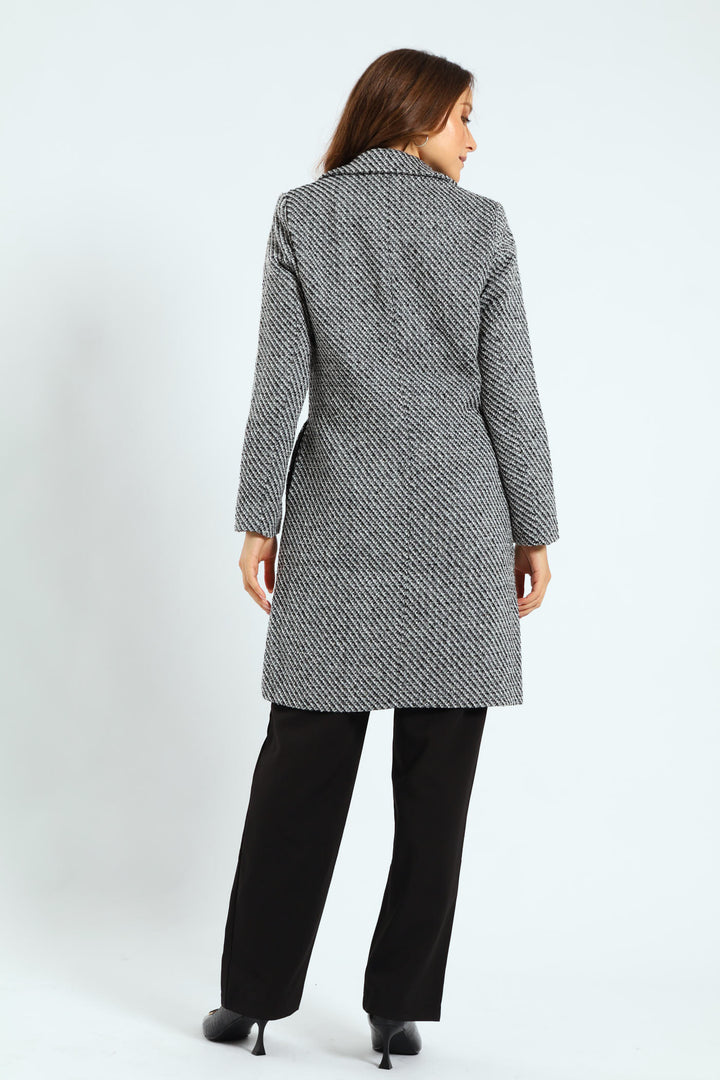 Double Breasted Chevron Tweed Coat - Black/Grey