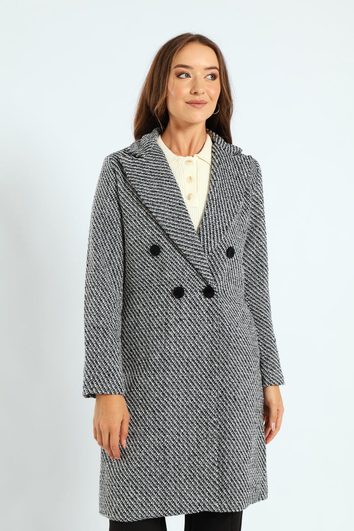 Double Breasted Chevron Tweed Coat - Black/Grey