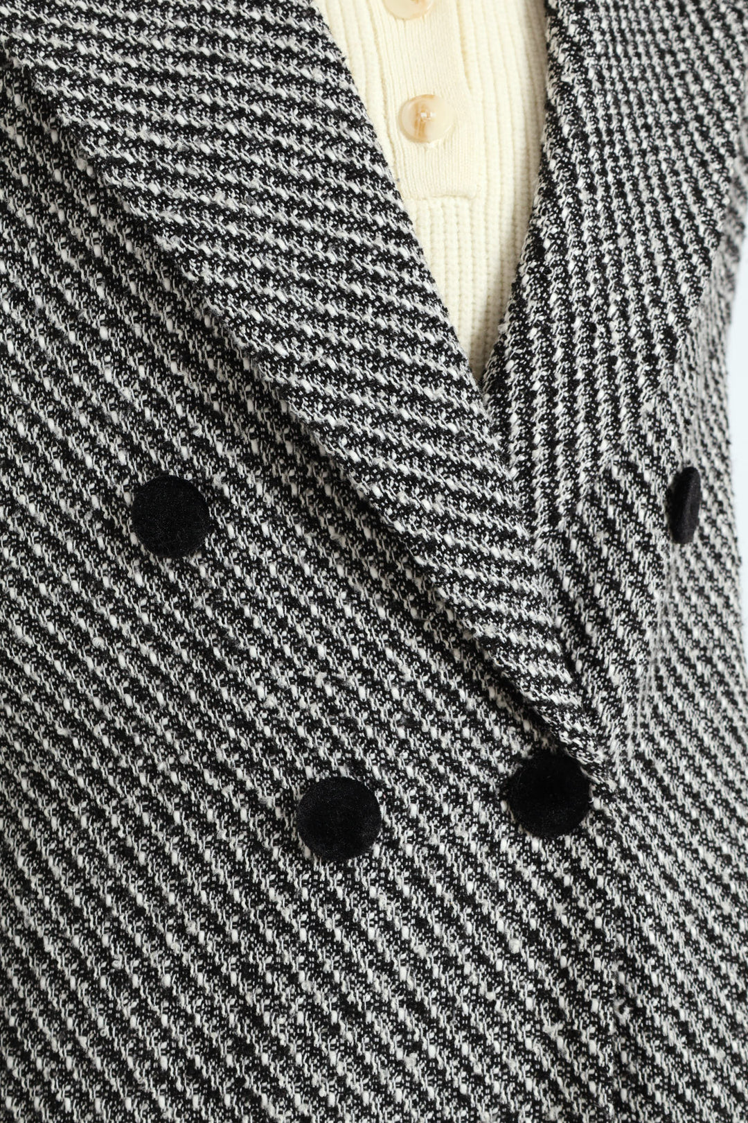 Double Breasted Chevron Tweed Coat - Black/Grey