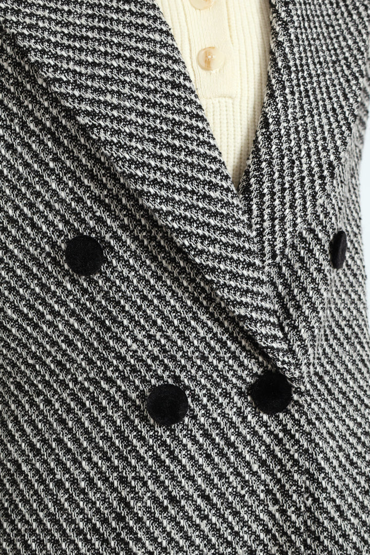 Double Breasted Chevron Tweed Coat - Black/Grey