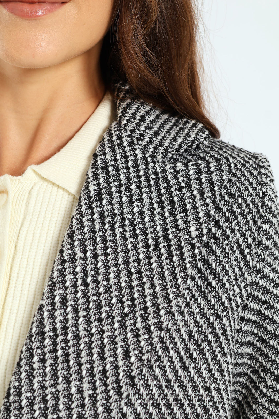 Double Breasted Chevron Tweed Coat - Black/Grey