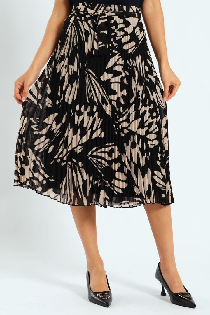 Chiffon Pleated Midi Skirt - Black