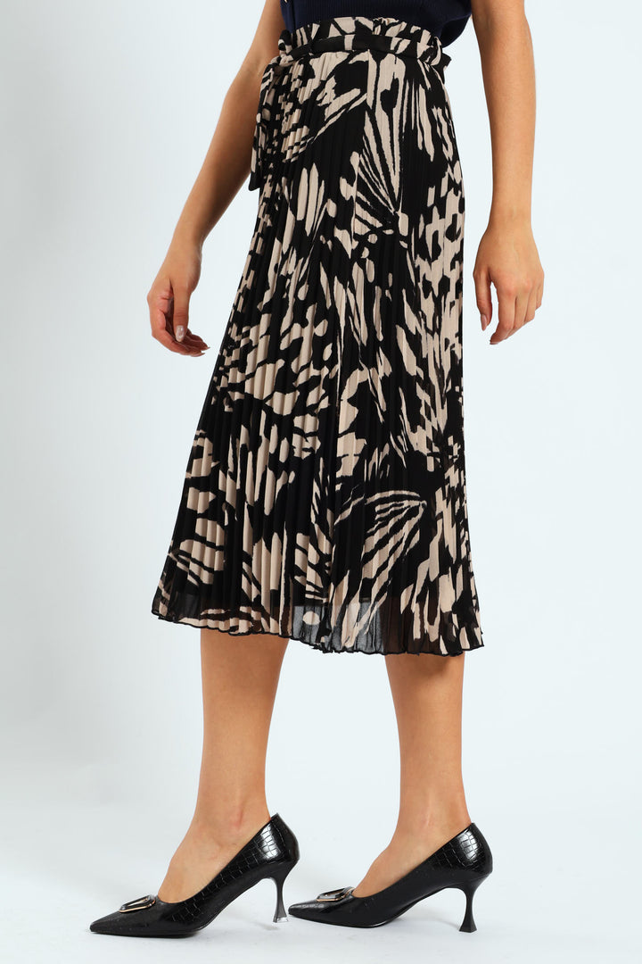 Chiffon Pleated Midi Skirt - Black