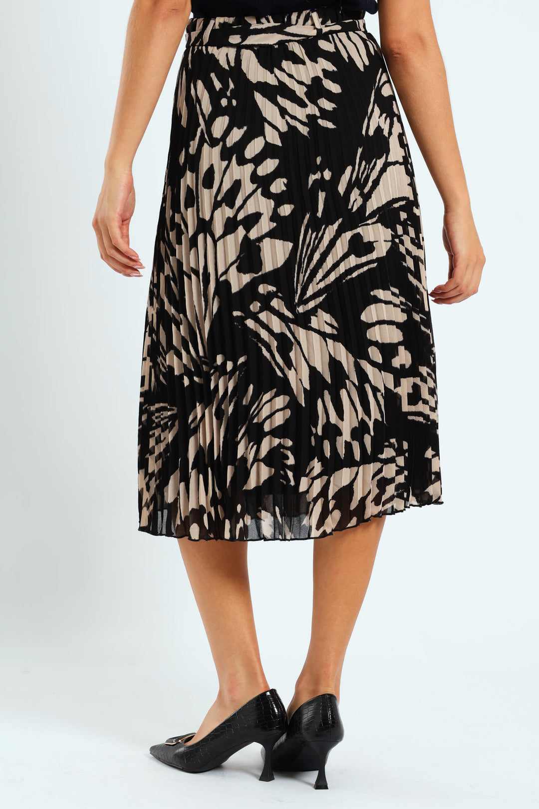 Chiffon Pleated Midi Skirt - Black