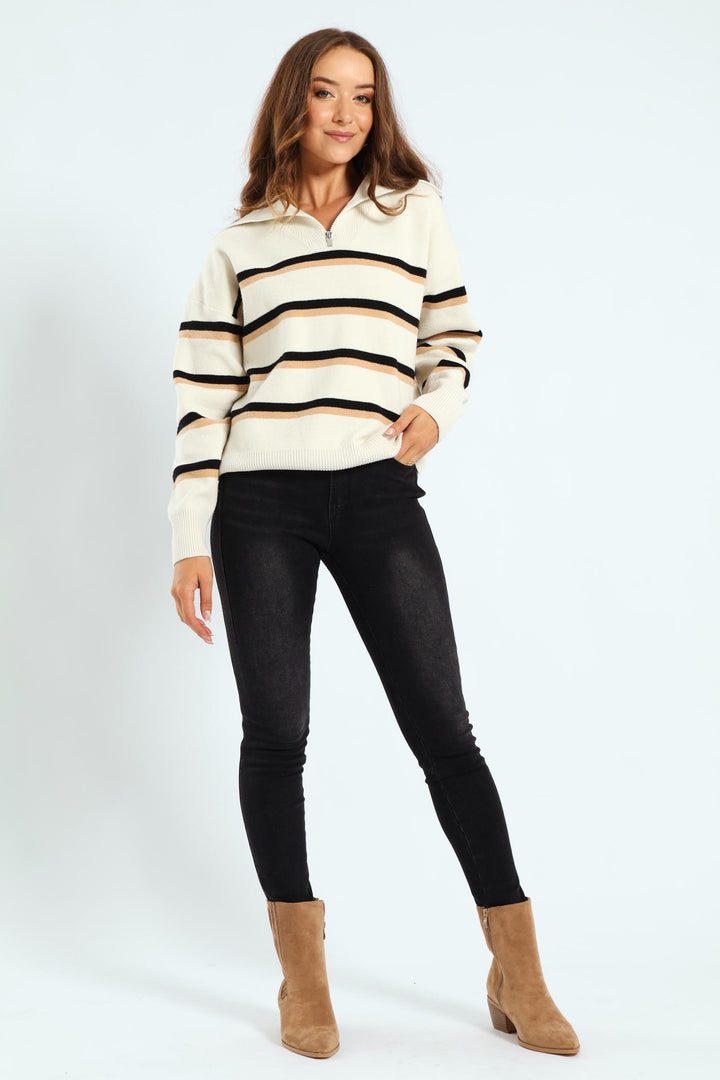 Funnel Neck Zip Pullover - Cream/Black