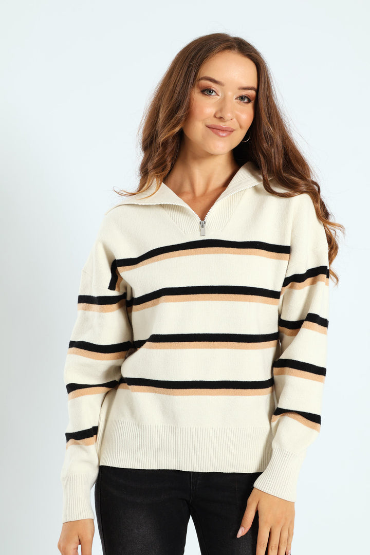 Funnel Neck Zip Pullover - Cream/Black
