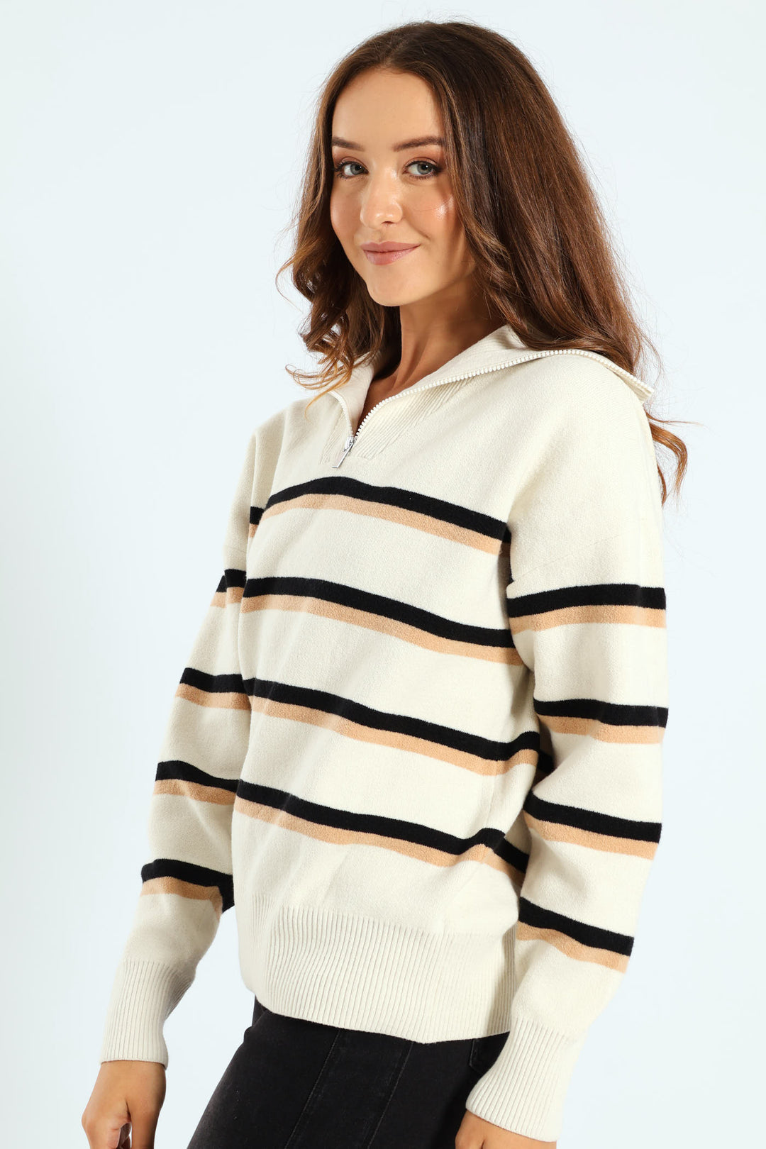 Funnel Neck Zip Pullover - Cream/Black