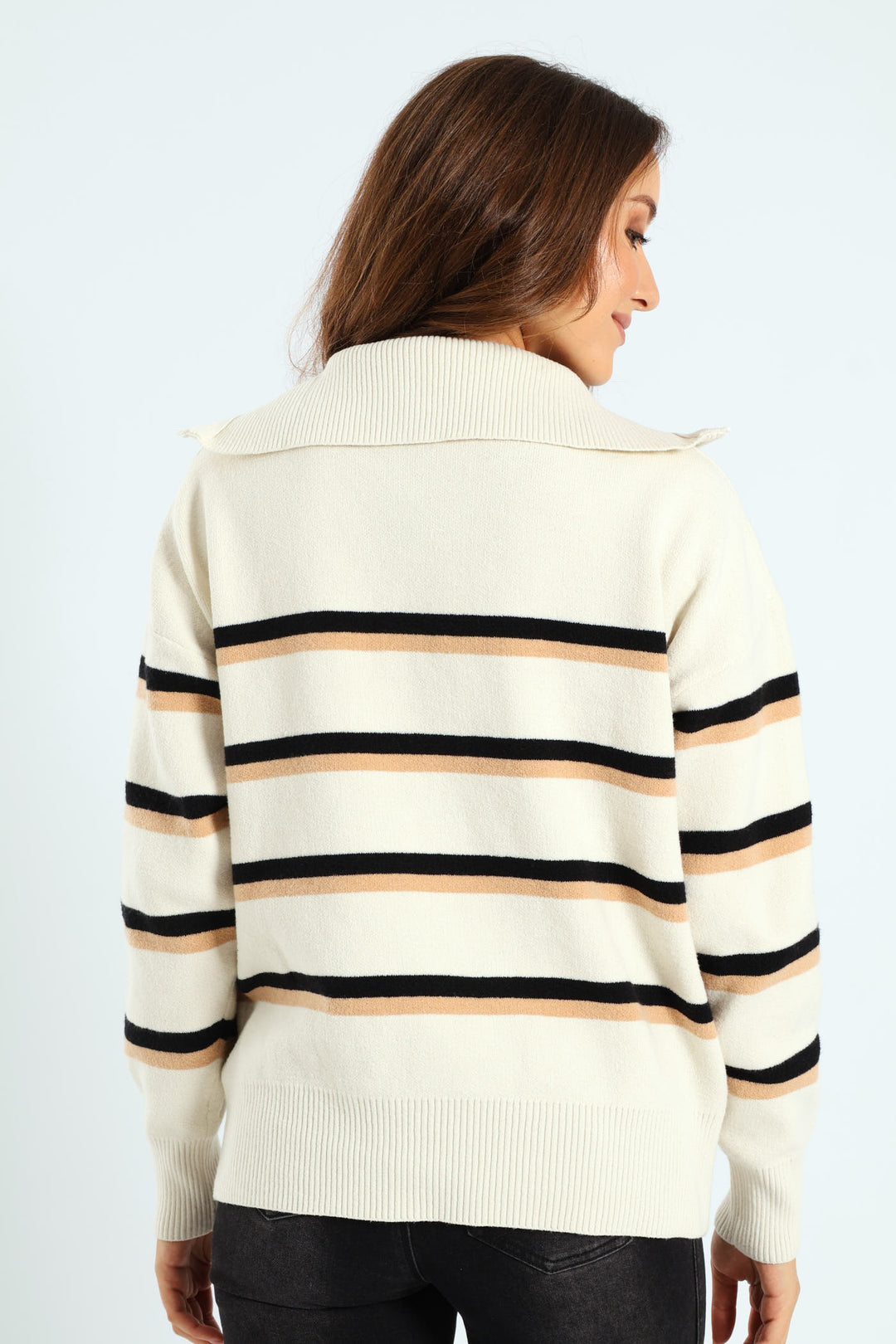 Funnel Neck Zip Pullover - Cream/Black