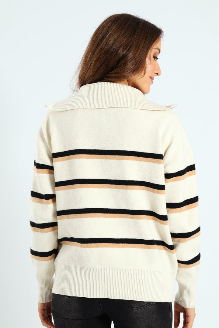 Funnel Neck Zip Pullover - Cream/Black