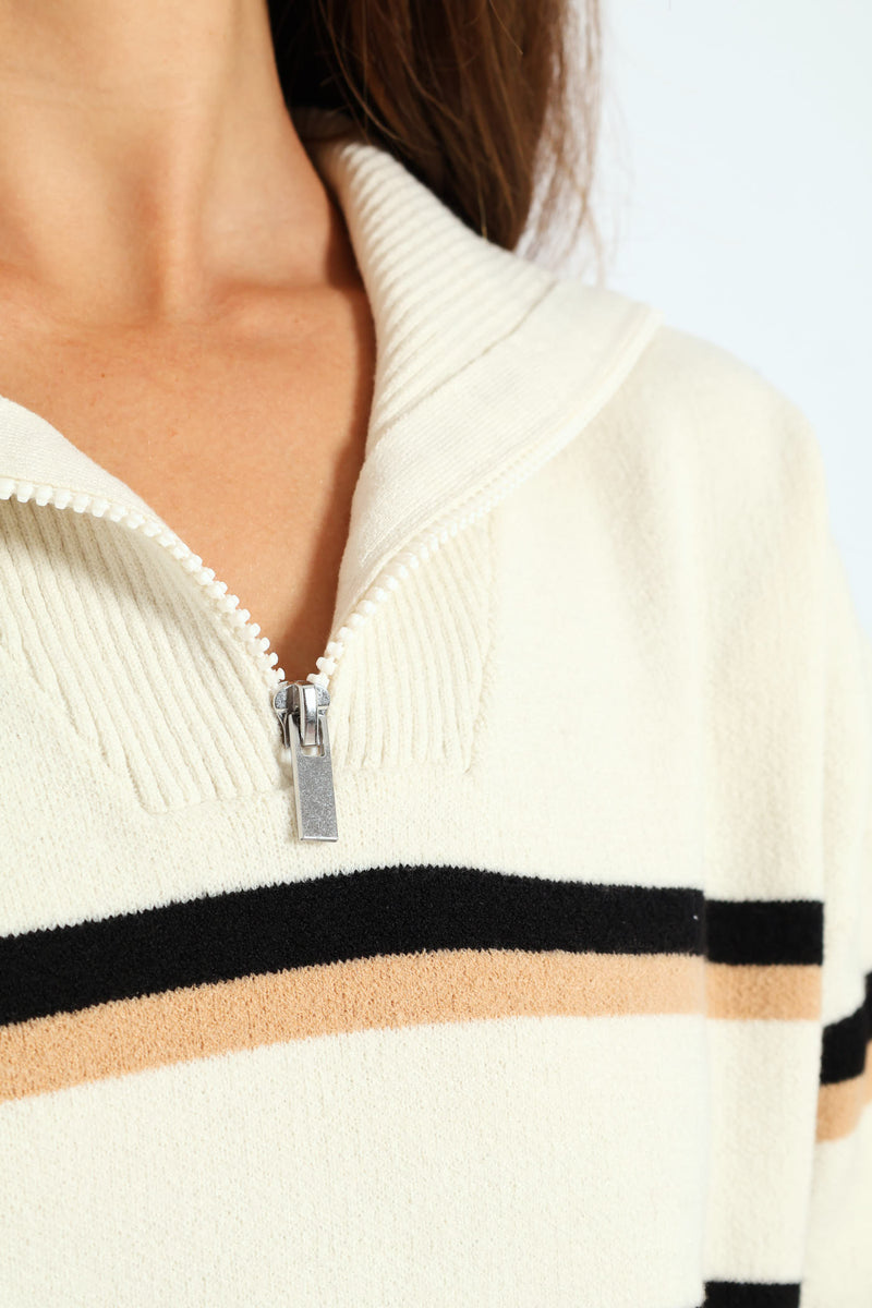 Funnel Neck Zip Pullover - Cream/Black