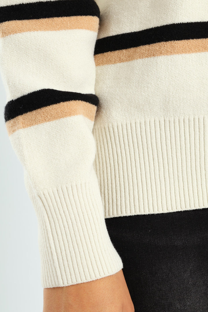 Funnel Neck Zip Pullover - Cream/Black