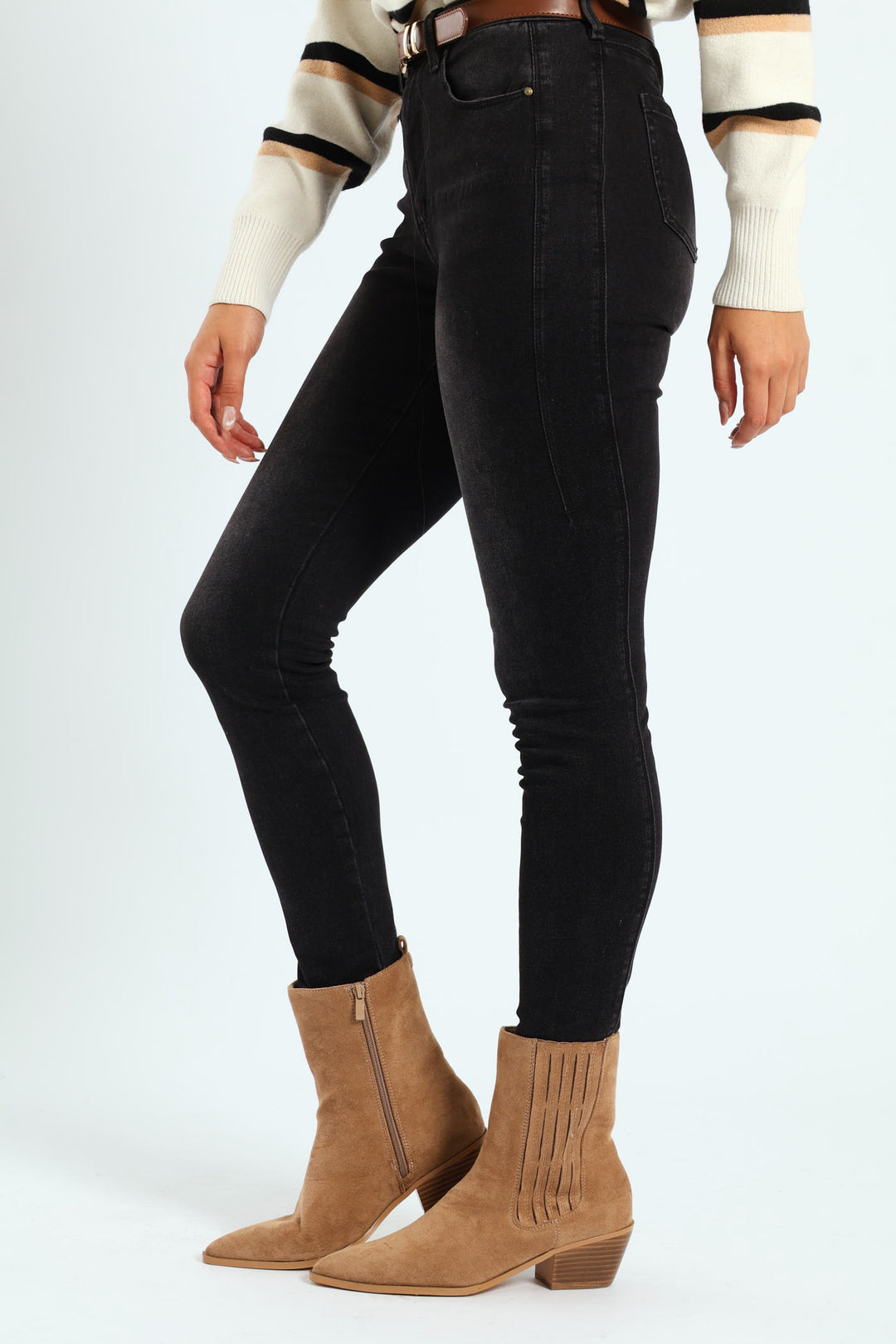 Two Seam Belted Skinny Jean - Black