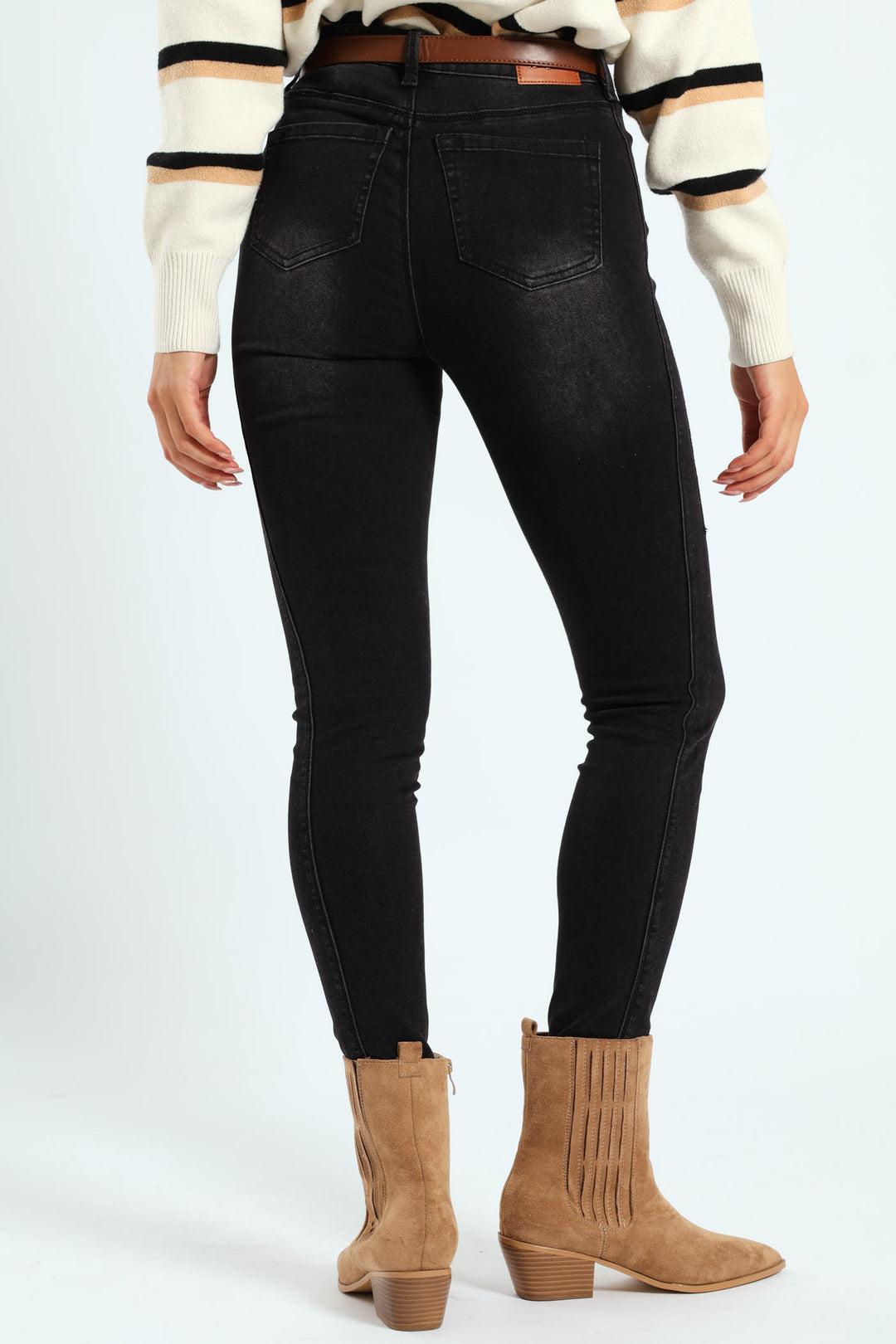 Two Seam Belted Skinny Jean - Black