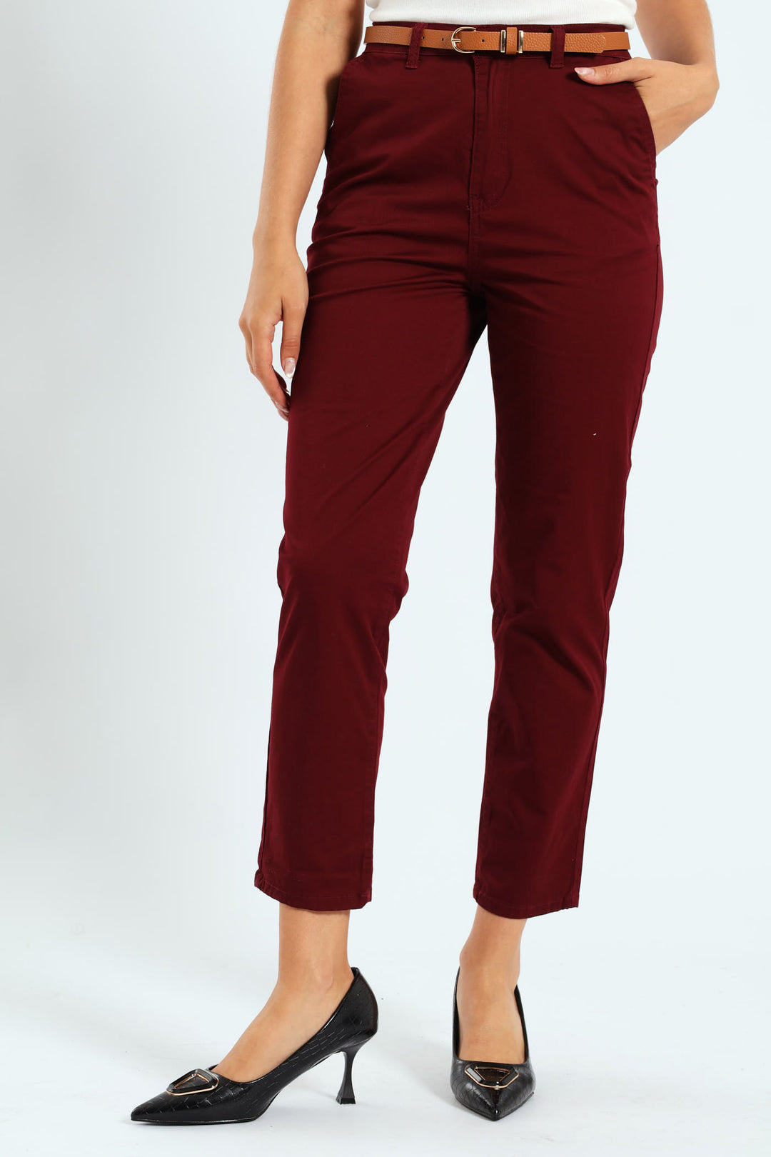 Belted Straight Sateen Chino Pants - Plum