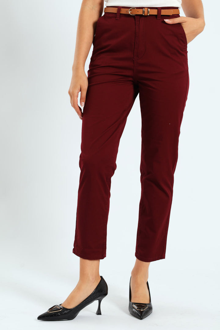 Belted Straight Sateen Chino Pants - Plum