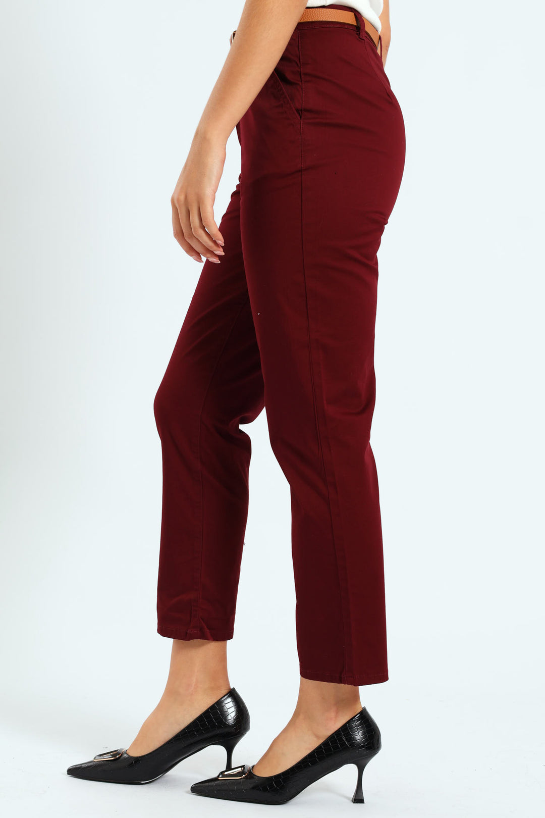 Belted Straight Sateen Chino Pants - Plum