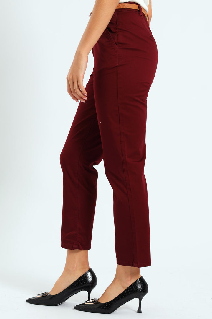 Belted Straight Sateen Chino Pants - Plum