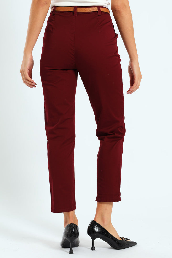 Belted Straight Sateen Chino Pants - Plum