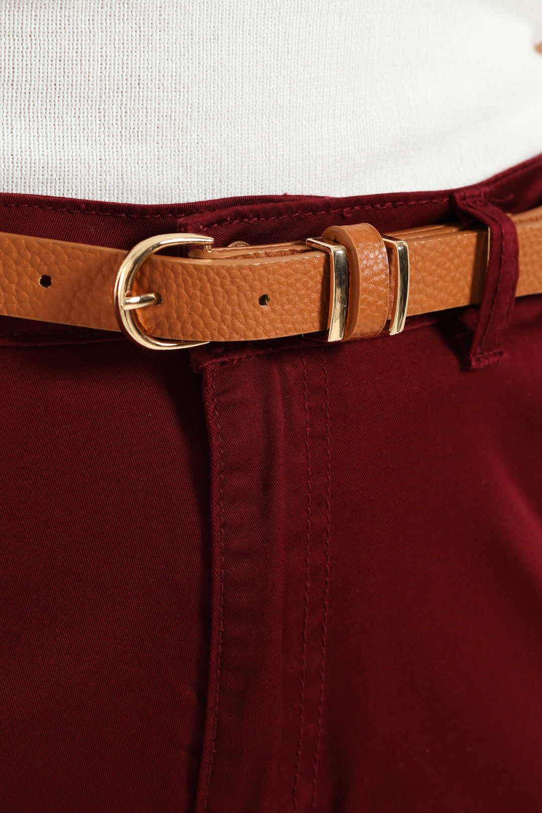 Belted Straight Sateen Chino Pants - Plum