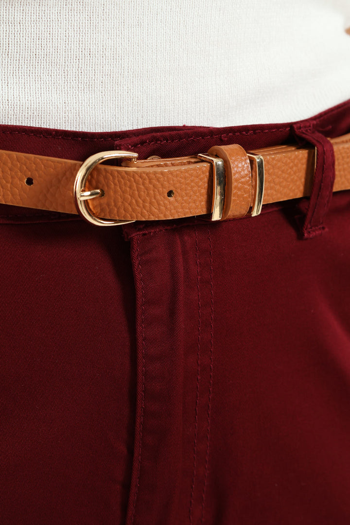 Belted Straight Sateen Chino Pants - Plum